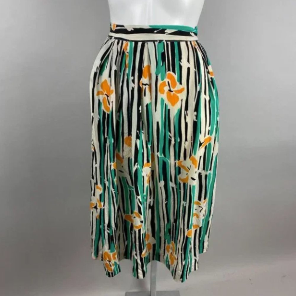 Vintage 90s Christian Dior Green Yellow Striped Floral Rayon Midi Skirt Size 4